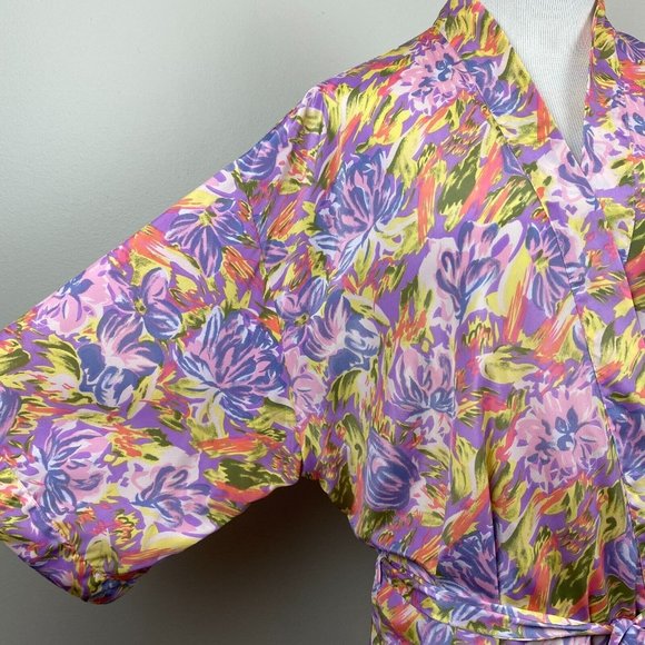 The Lingerie‎ Collection Robe Large Purple Multicolor Floral 3/4 Kimono Sleeve - Picture 3 of 10